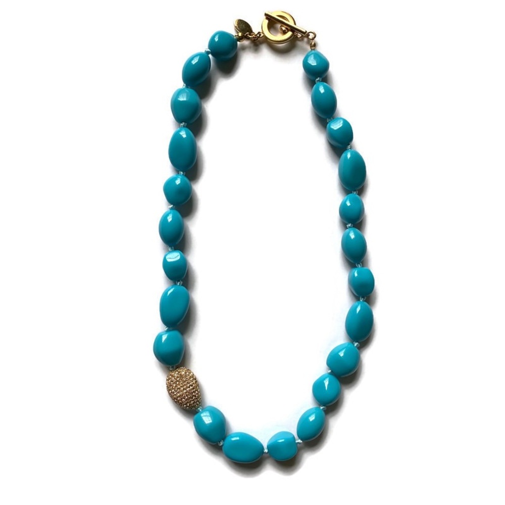 NOLAN MILLER NECKLACE BLUE BEADS GOLD PAVE RHINESTONES 19” SIGNED